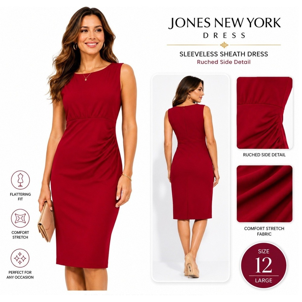 Jones New York Dress‎ Womens 12 Red Sheath Ruched Empire Waist Career Cocktail